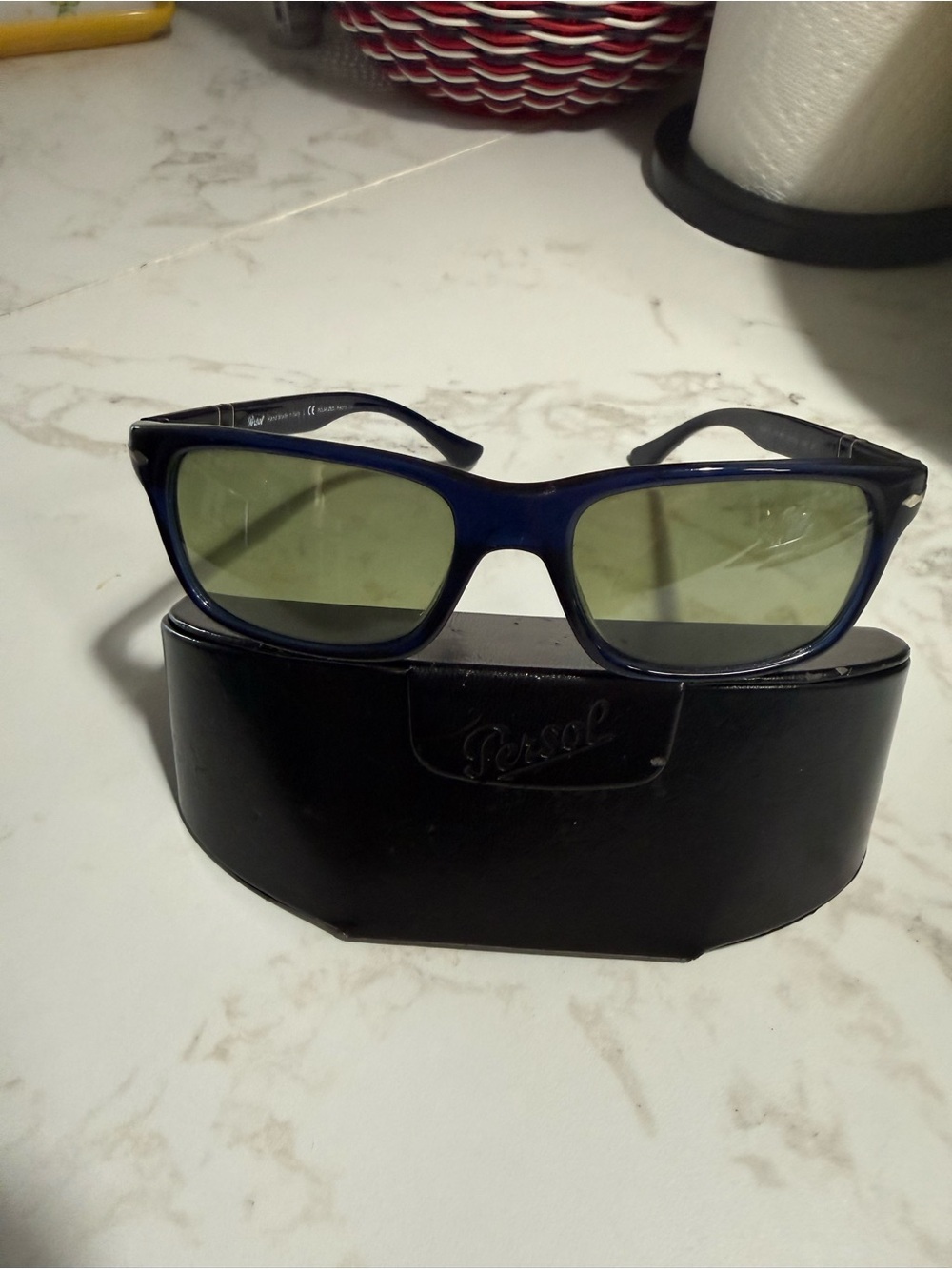 Persol Navy Blue Frame Sunglasses with Green Lenses